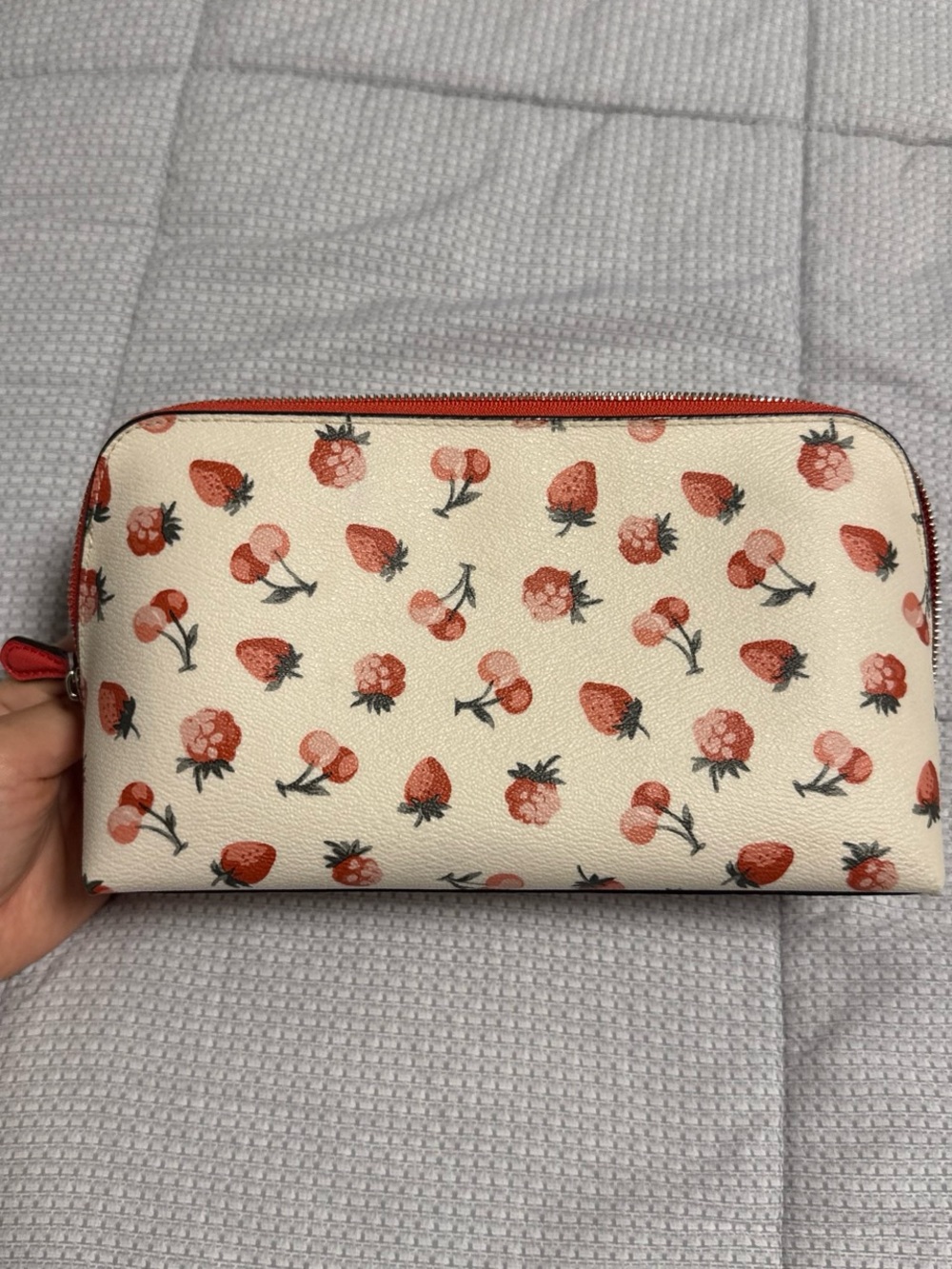 Coach Cream Strawberry & Cherry Print Cosmetic Pouch with Red Trim - Picture 2 of 3